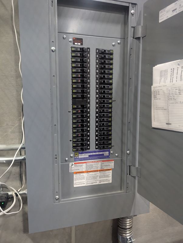 Commercial panelboard with branch breakers and circuit directory, fed by flexible conduit